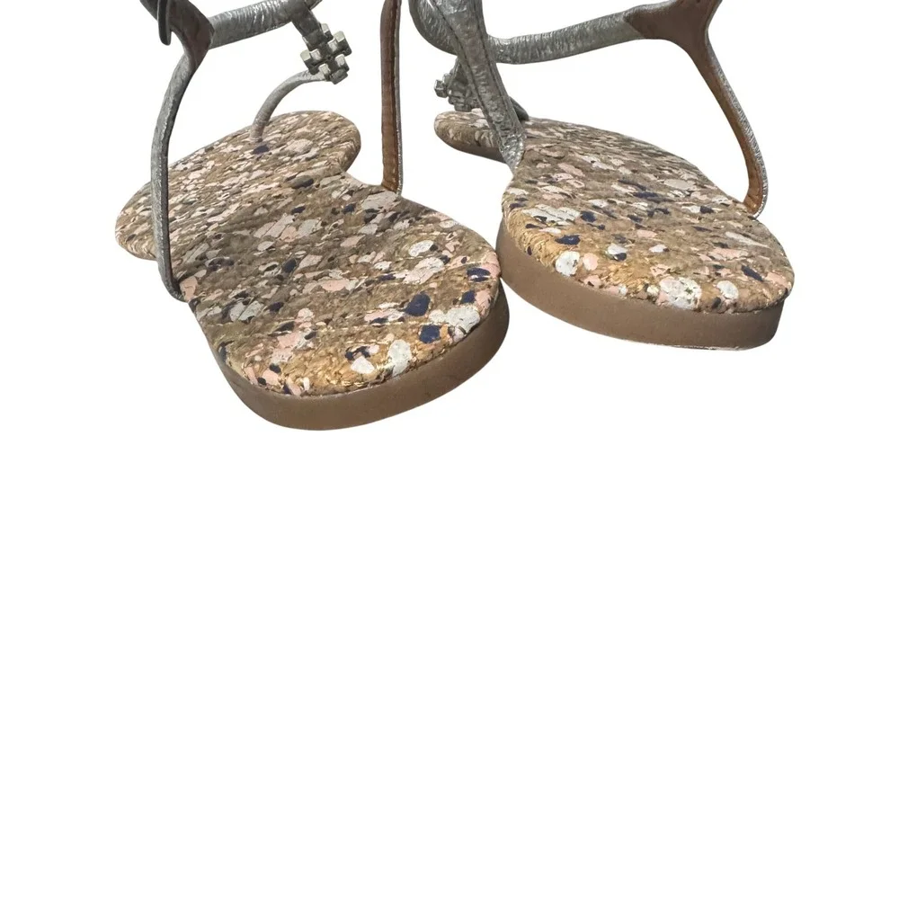 Tory Burch Marion Silver Metallic T-Strap Cork Logo Sandals Shoes‎ Womens 10M
